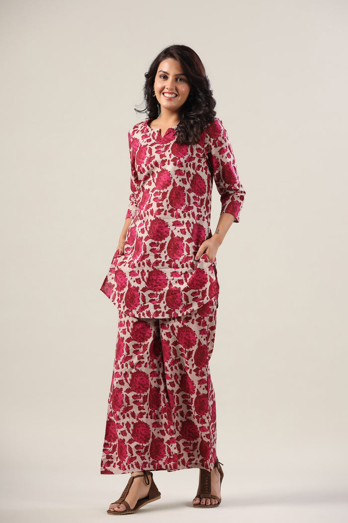 Pink Abstract on Grey Cotton Palazzo Loungewear Set