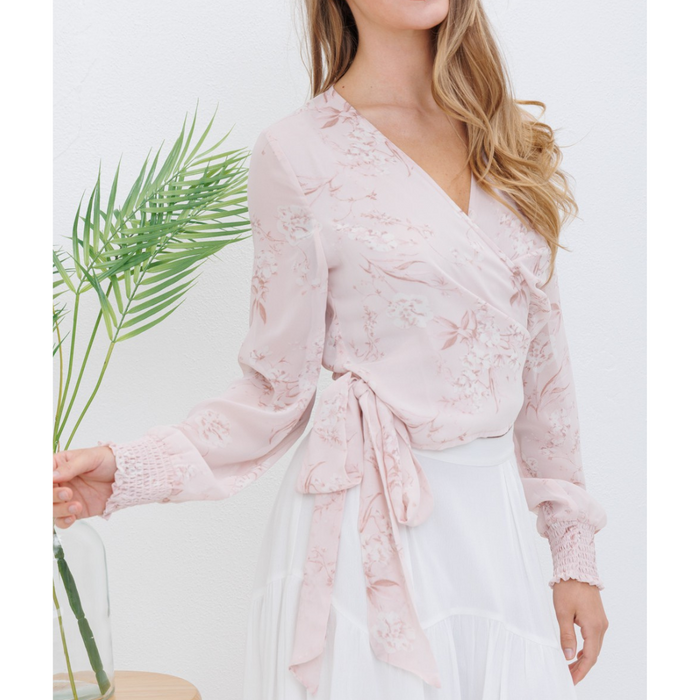 Pink Floral Chiffon Self-Tie Blouse