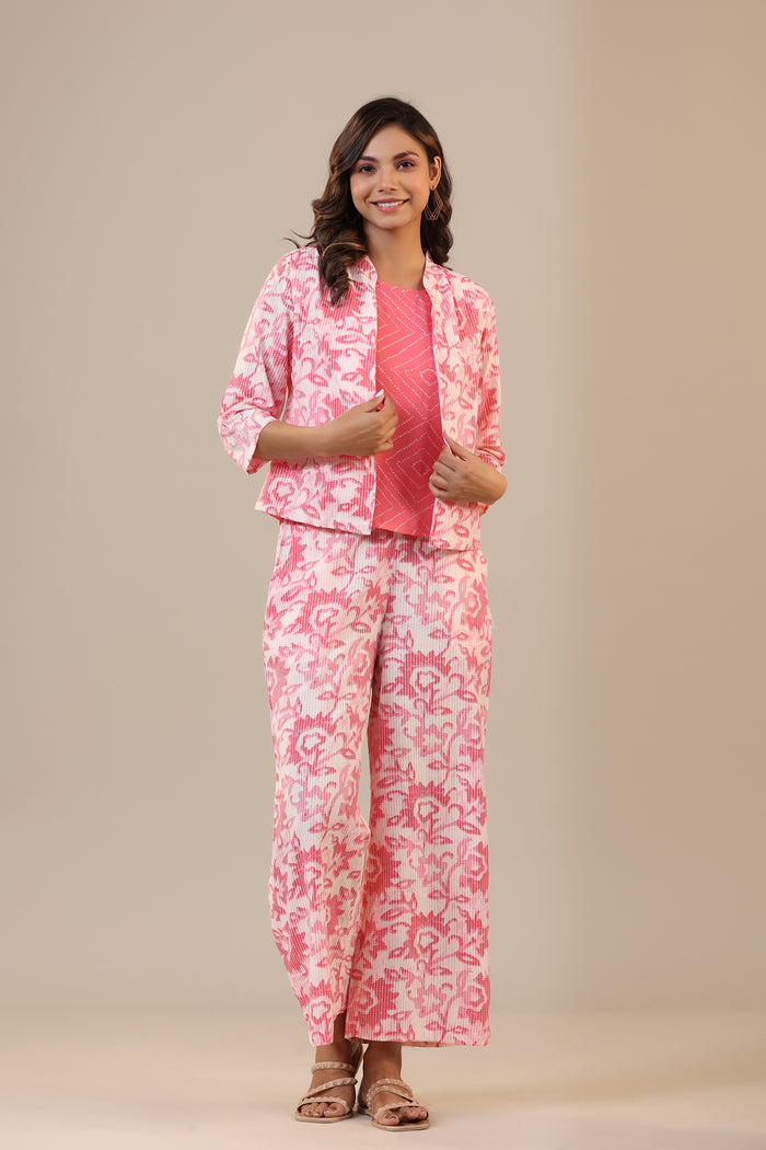 Pink Florals With Bandhej on Cotton Three Piece Set