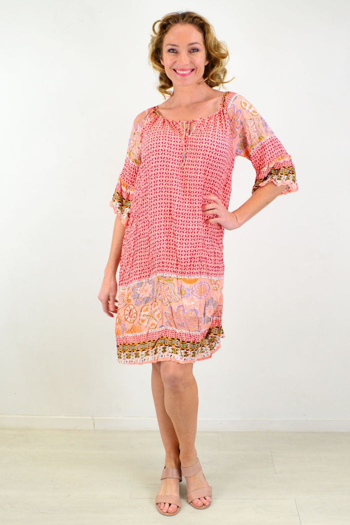 Pink starfish print crinkle tunic dress by Hourglass featuring a relaxed fit and vibrant starfish pattern.