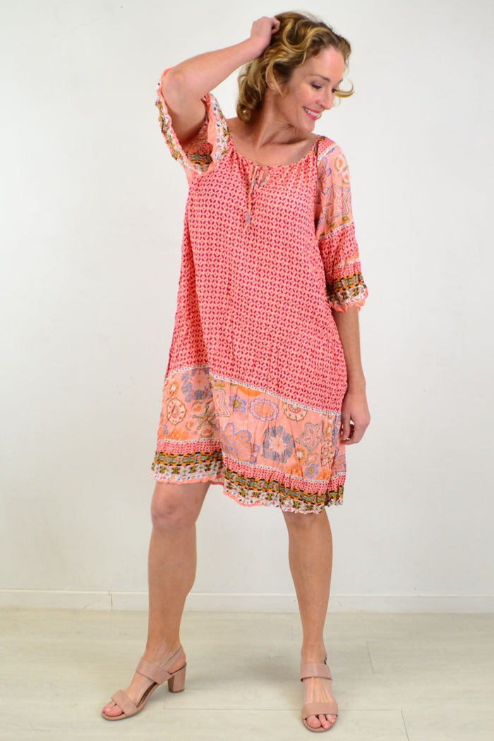 Pink Star Fish Crinkle Tunic Dress from Hourglass, lightweight pink tunic with starfish pattern, perfect for casual wear.