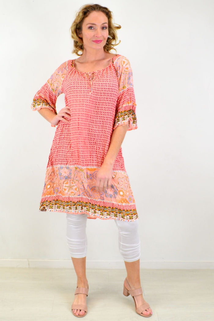Pink starfish crinkle tunic dress by Hourglass, featuring a relaxed fit and vibrant starfish pattern, perfect for casual wear.