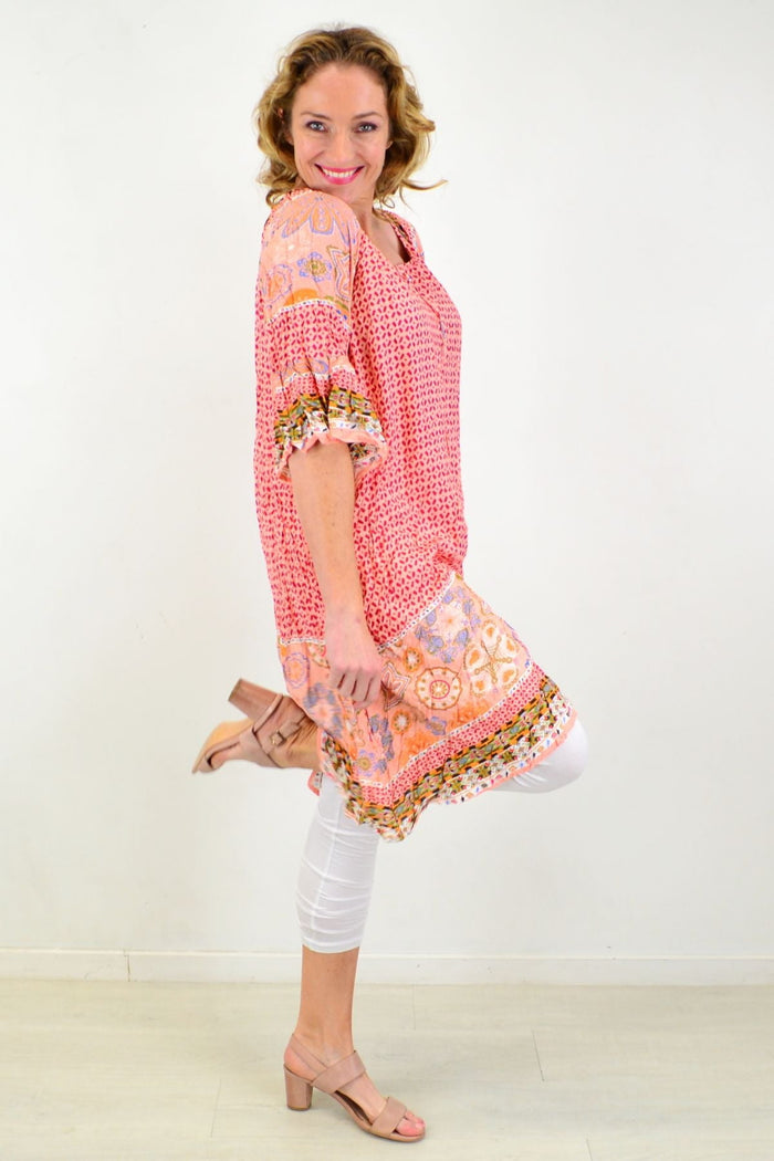 Pink Star Fish Crinkle Tunic Dress by Hourglass, featuring a vibrant pink color and crinkle fabric with a relaxed fit.