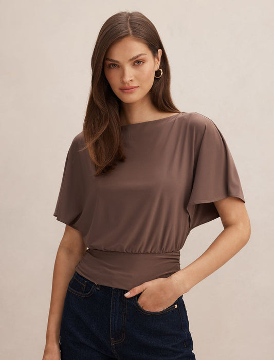 Piper Cinched Flutter Sleeve Top Mink Forever New