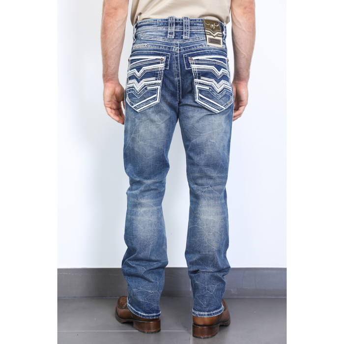A pair of men's slim boot-cut blue jeans, showing the back view with a design on the pockets