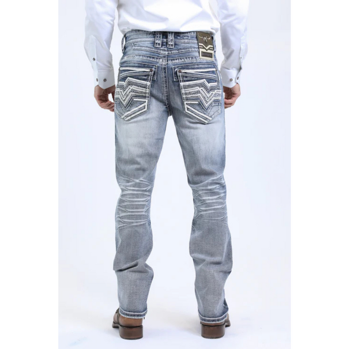 Light blue jeans with decorative stitching on a white background