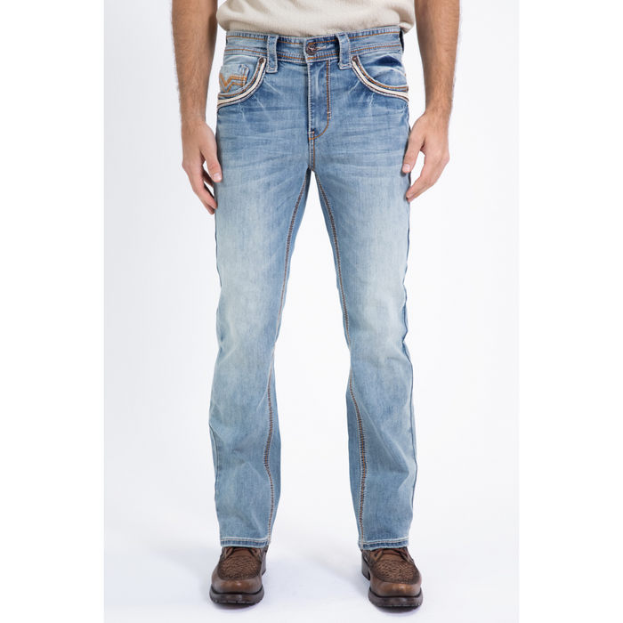 Platini Holt Men's Light Blue Brown Slim Boot Cut Jeans