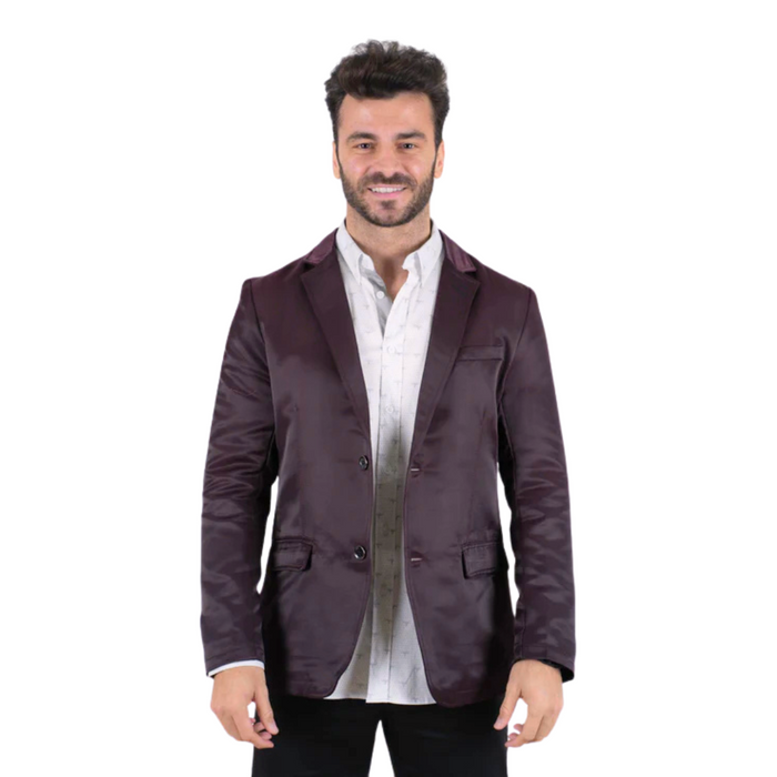 Platini men’s plum blazer with notch lapels, two-button front and flap pockets