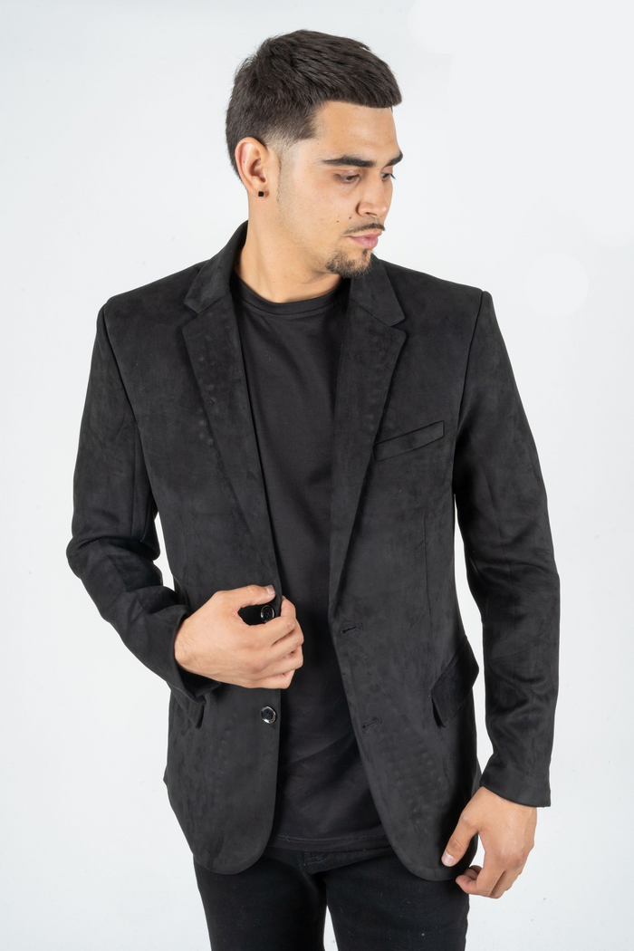 Platini Men's Double Button Faux Suede Black Blazer