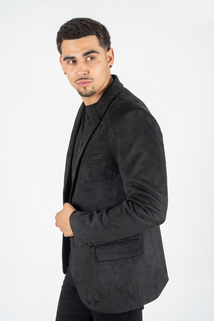 Platini Men's Double Button Faux Suede Black Blazer