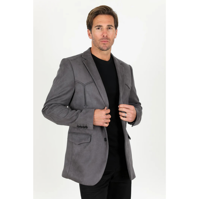 Platini Men's Double Button Faux Suede Blazer- Charcoal