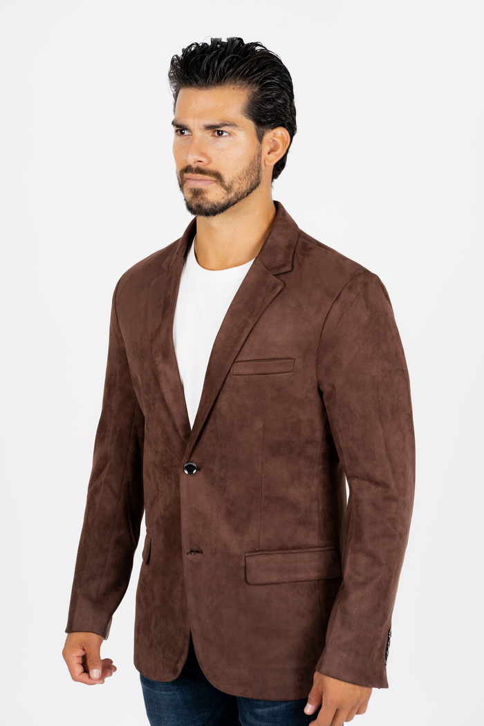 Platini Men's Double Button Faux Suede Brown Blazer
