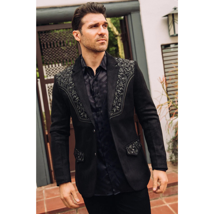 Platini men’s black suede Western blazer with grey embroidered chest , pocket, back and shoulder detailing and black lapels