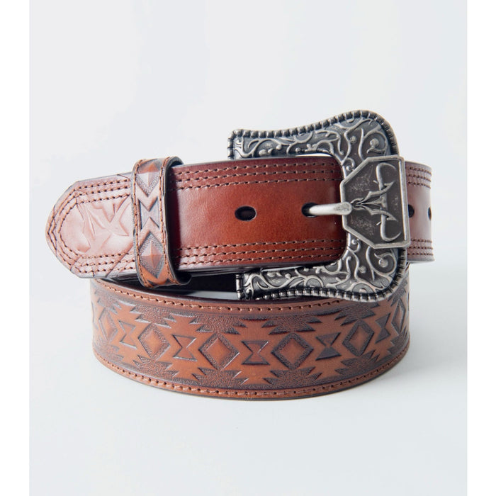 Platini Men's Leather Aztec Embossed Belt- Brown