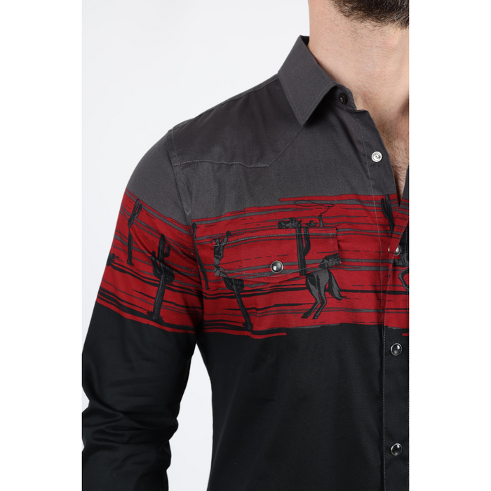 Platini Men's Modern Fit Cotton Stretch Rodeo Panoramic Shirt - Black