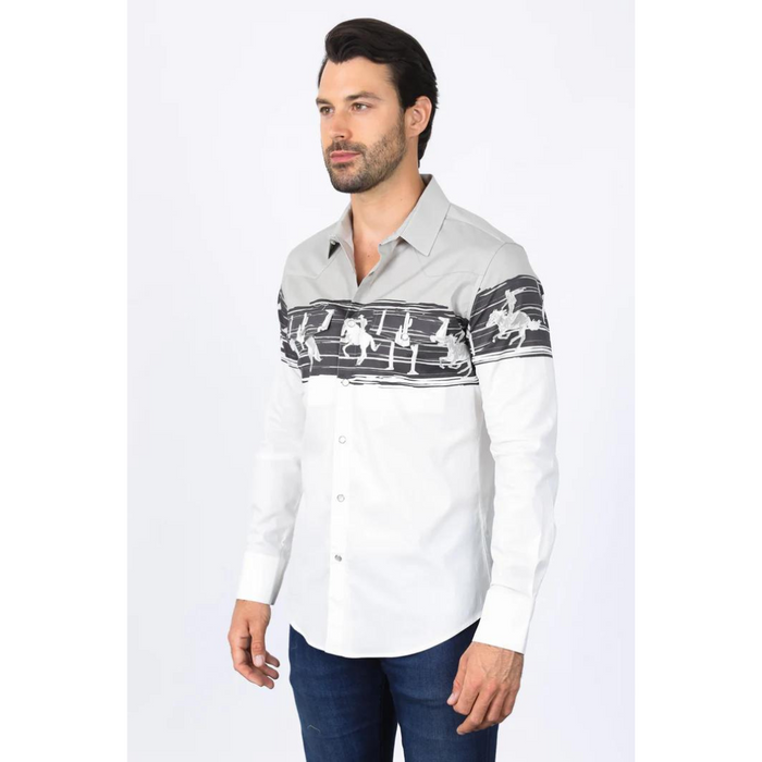 Platini Men's Modern Fit Cotton Stretch Rodeo Panoramic Shirt - Grey