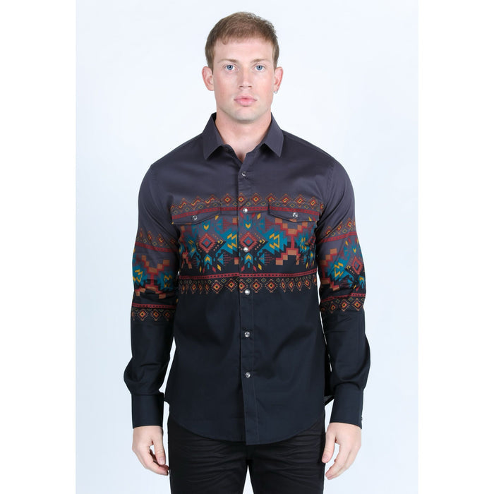 Platini Men's Panoramic Aztec Print Western Shirt - Black