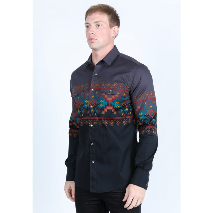 Platini Men's Panoramic Aztec Print Western Shirt - Black