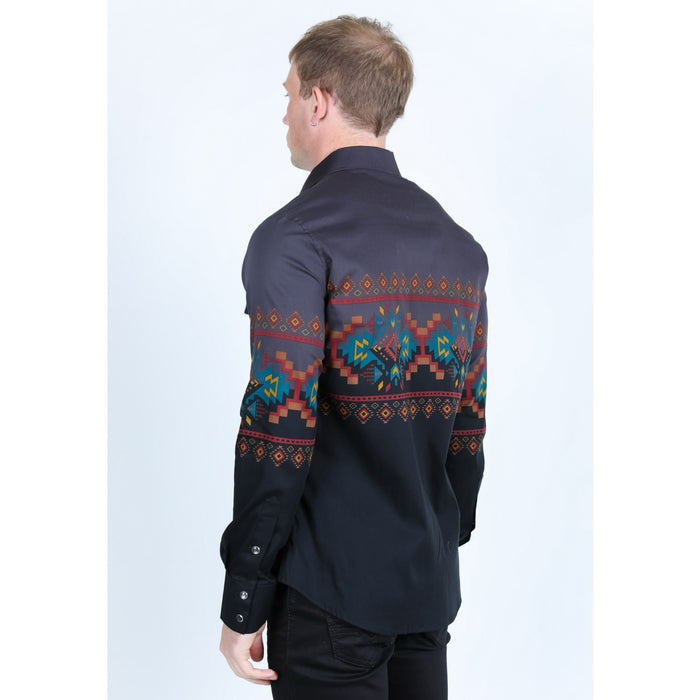 Platini Men's Panoramic Aztec Print Western Shirt - Black