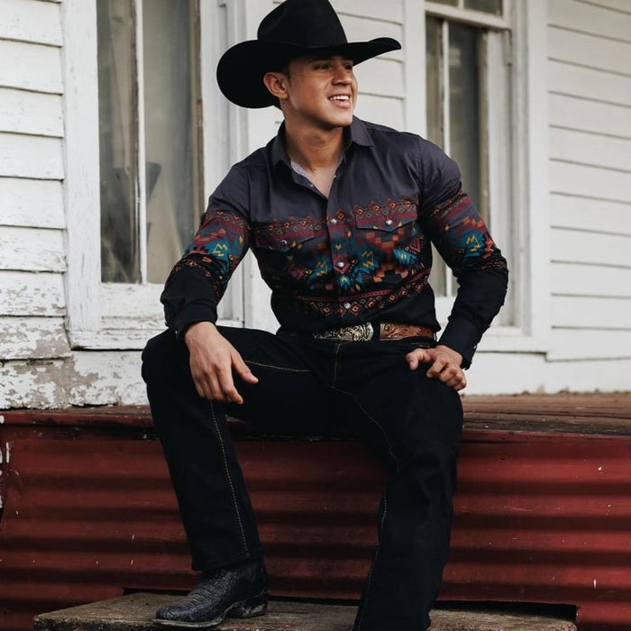 Platini Men's Panoramic Aztec Print Western Shirt - Black