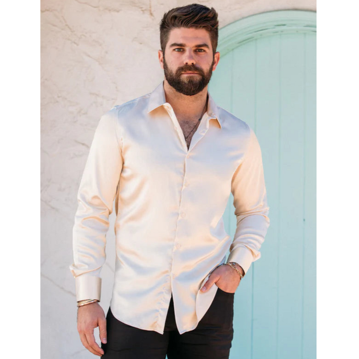 Platini Men's Satin Cream Dress Shirt