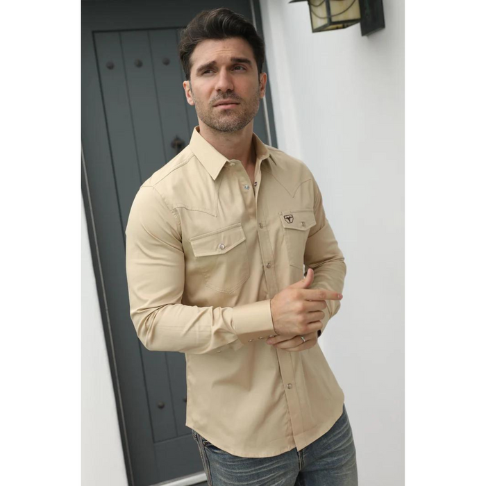 Platini Men's Western Snap Solid Beige Dress Shirt