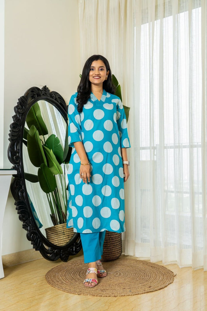 Polka Dot Cotton Pant Set- Light Blue