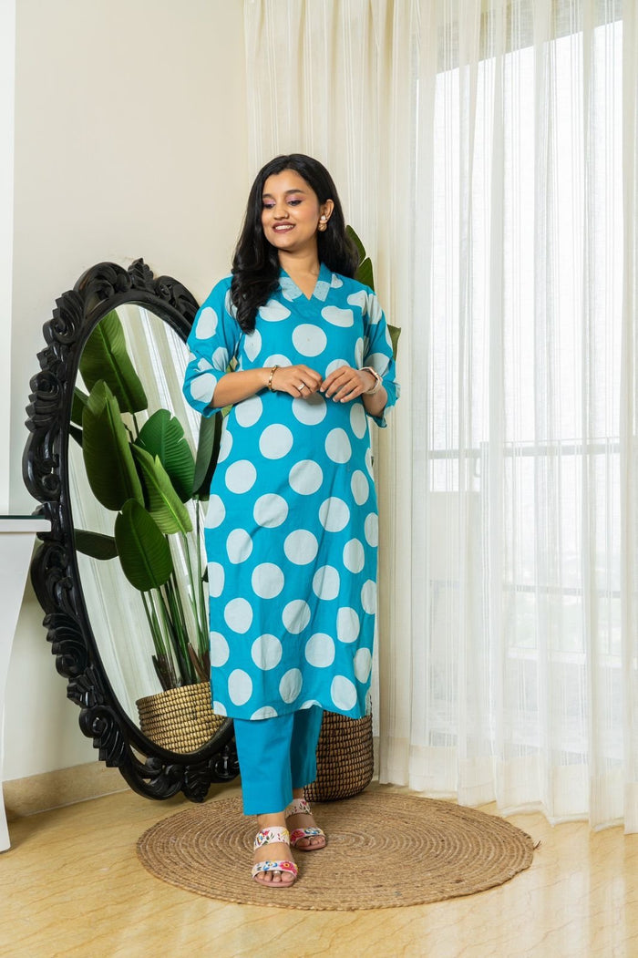 Polka Dot Cotton Pant Set- Light Blue