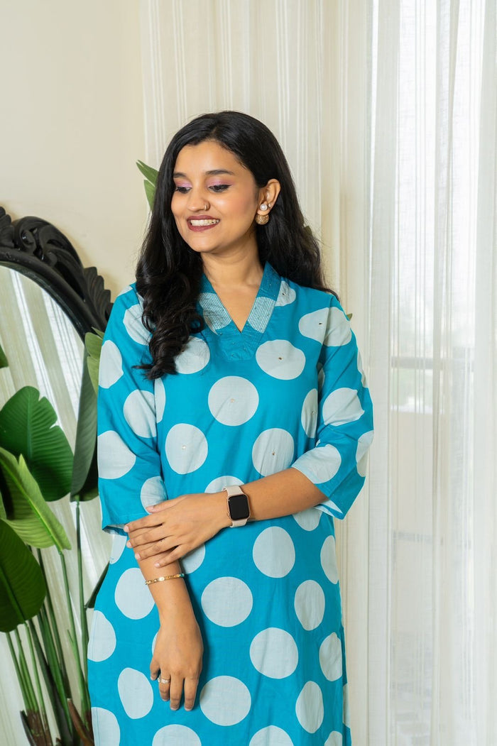 Polka Dot Cotton Pant Set- Light Blue