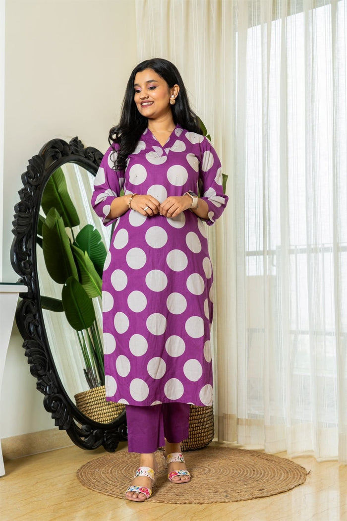 Polka Dot Cotton Pant Set- Purple