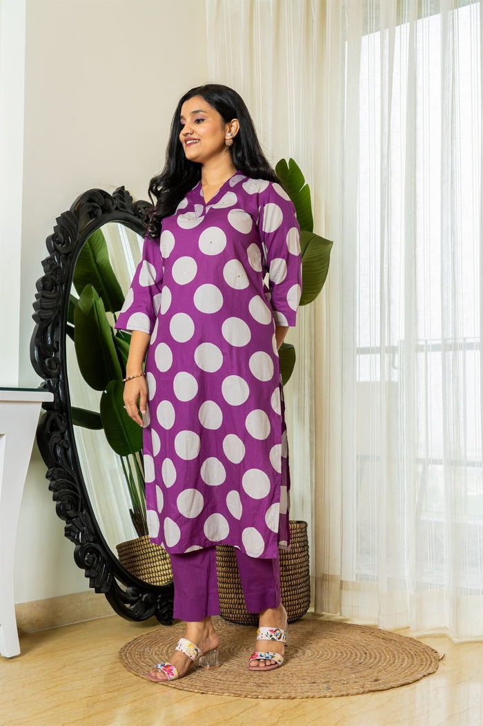 Polka Dot Cotton Pant Set- Purple