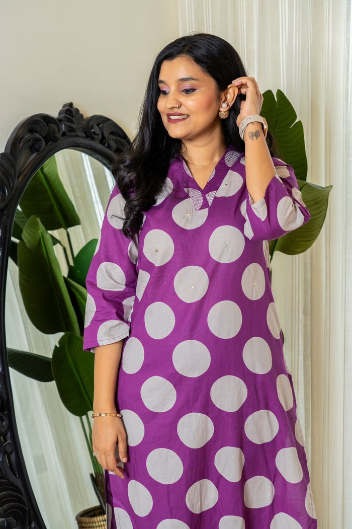 Polka Dot Cotton Pant Set- Purple