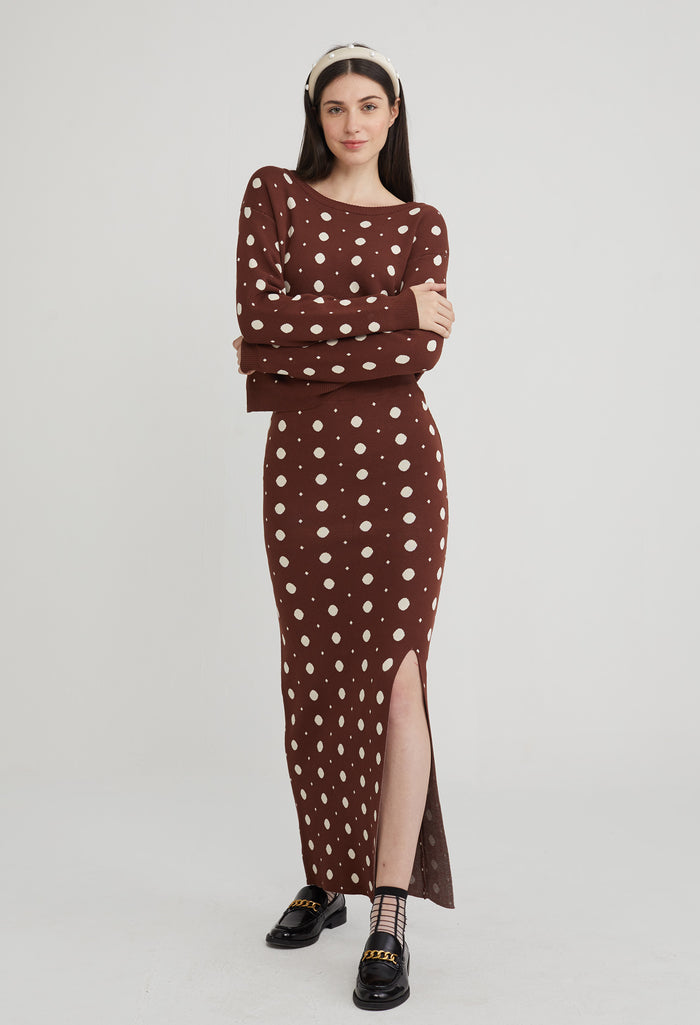 Polka Dot Knit Slit Skirt