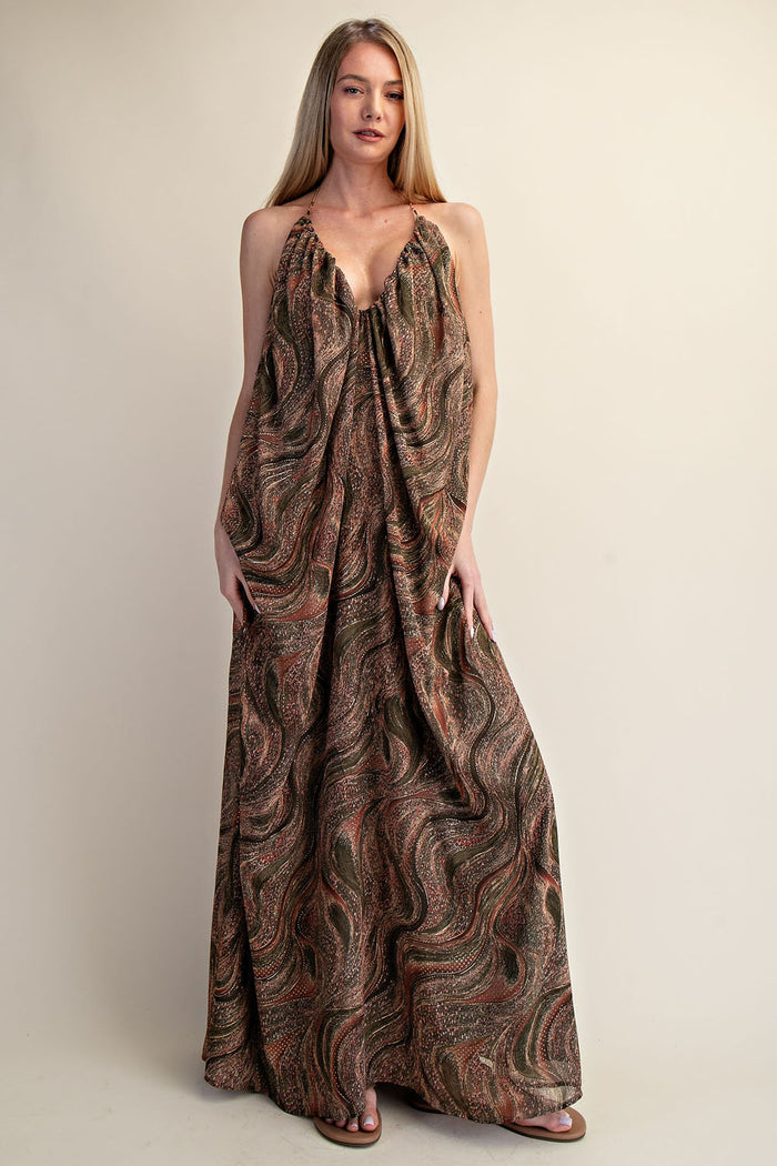 Printed Halter Open-Back Flow Maxi Dress