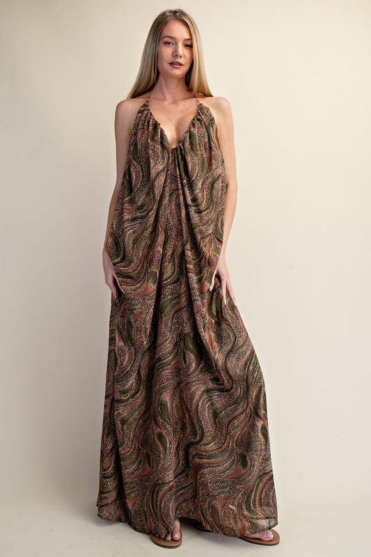 Printed Halter Open-Back Flow Maxi Dress