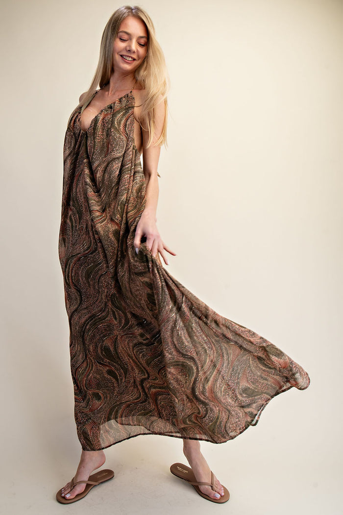 Printed Halter Open-Back Flow Maxi Dress