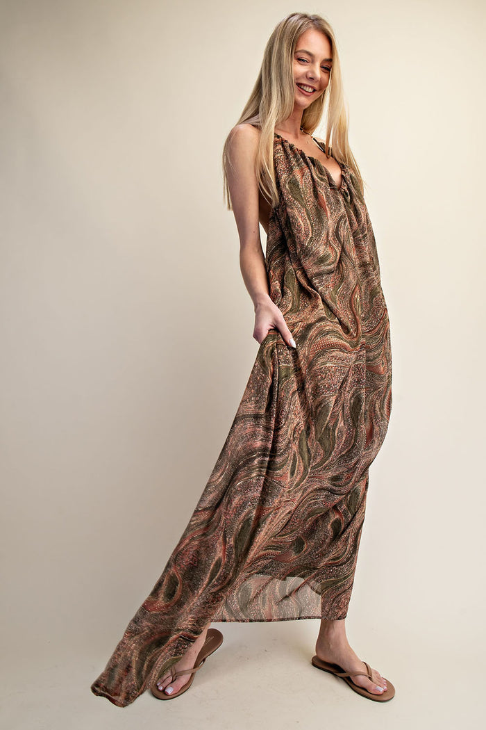 Printed Halter Open-Back Flow Maxi Dress