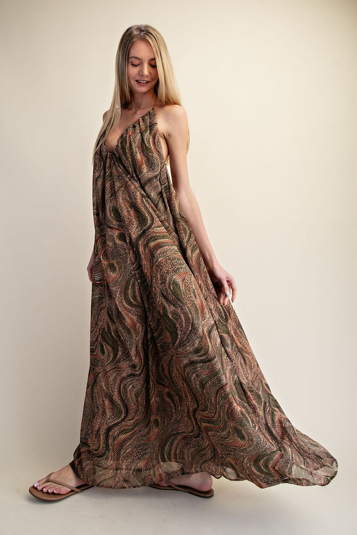 Printed Halter Open-Back Flow Maxi Dress
