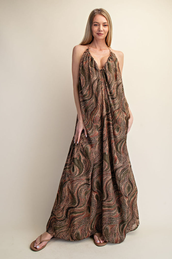 Printed Halter Open-Back Flow Maxi Dress