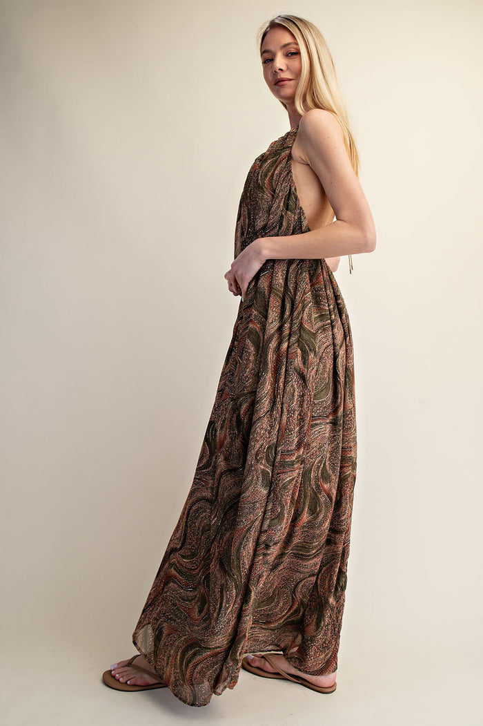 Printed Halter Open-Back Flow Maxi Dress