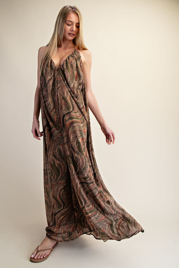 Printed Halter Open-Back Flow Maxi Dress
