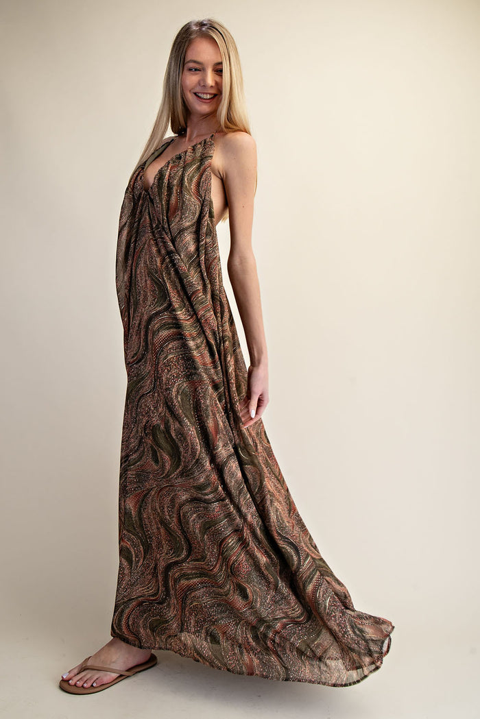 Printed Halter Open-Back Flow Maxi Dress