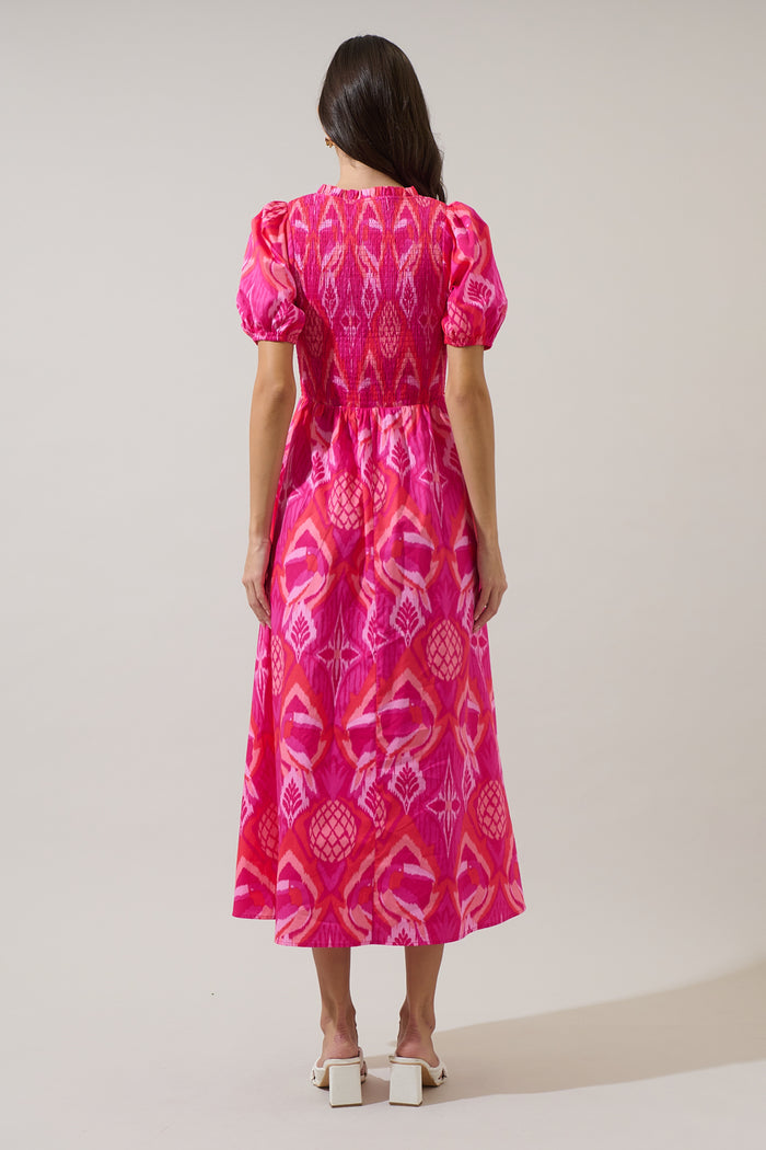 Prissa Ikat Brenty Smocked Midi Dress