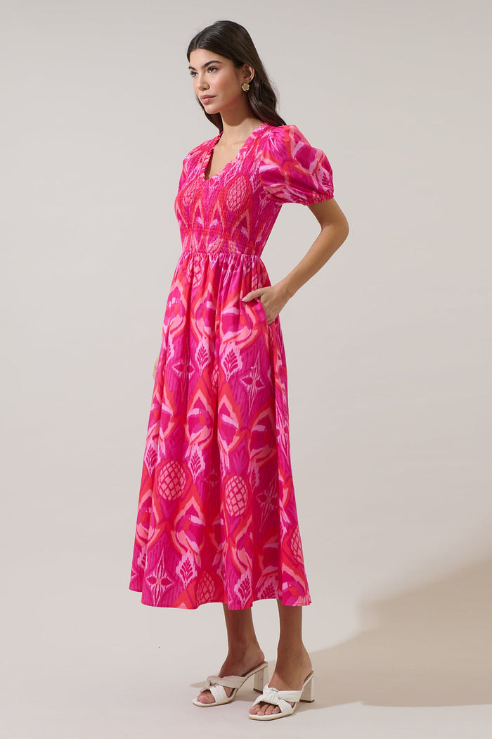 Prissa Ikat Brenty Smocked Midi Dress
