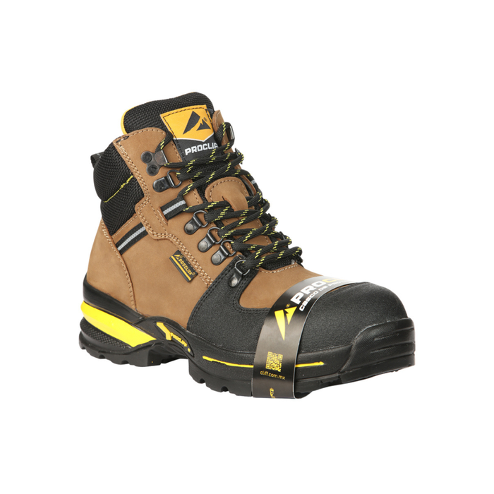 Brown and black safety boot with yellow accents