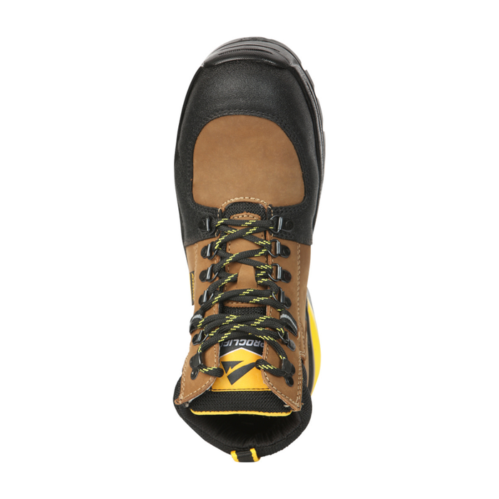 Black and brown work boot with yellow accents