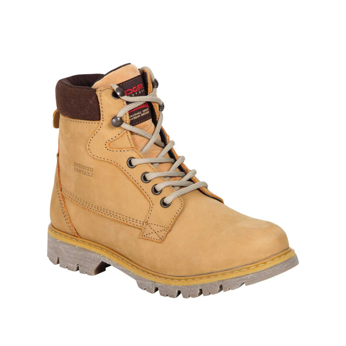 Tan work boot with brown top on