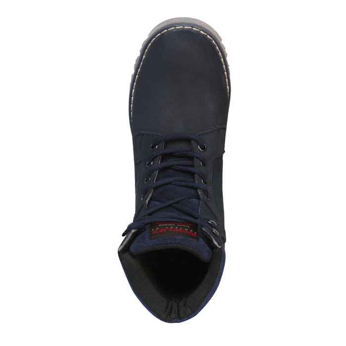 Navy blue work boot with visible brand logo