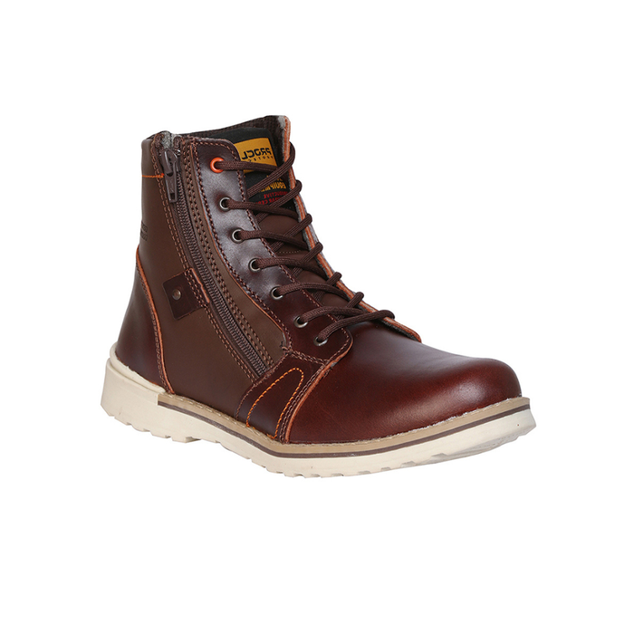 Brown leather boot with a white sole