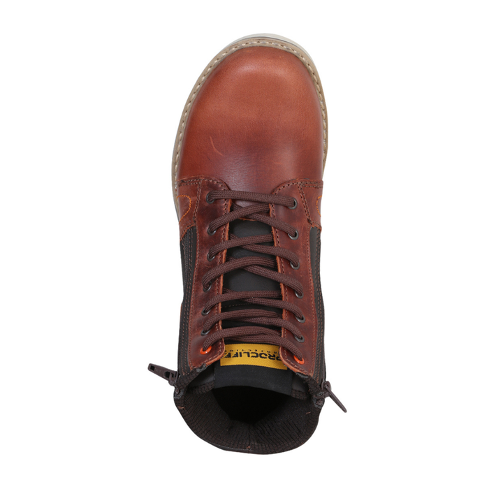 Brown leather boot with visible brand name